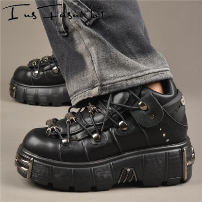 Casual Female Runway Shoes Platform Metal Toe Chunky Sneakers Women Gothic Punk Style Sneakers Rock Design Black Walking Shoes