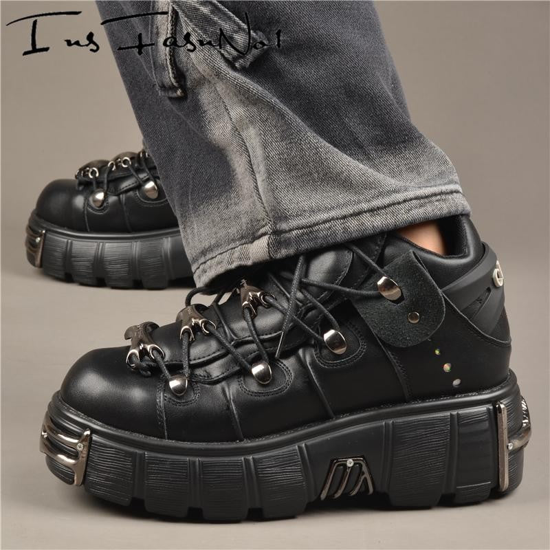 Casual Female Runway Shoes Platform Metal Toe Chunky Sneakers Women Gothic Punk Style Sneakers Rock Design Black Walking Shoes