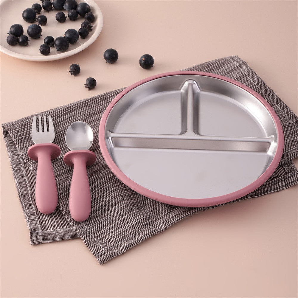 3PCS Silicone Stainless Steel Feeding Kit Toddler Sucker Feeding Dishes Plate Infant Self Feeding Training BPA Free Fork Spoon