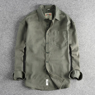 2025 Spring New Japanese Retro Long Sleeve Lapel Cotton and Linen Cargo Shirt Men's Simple Single Pocket Casual Loose Blouses