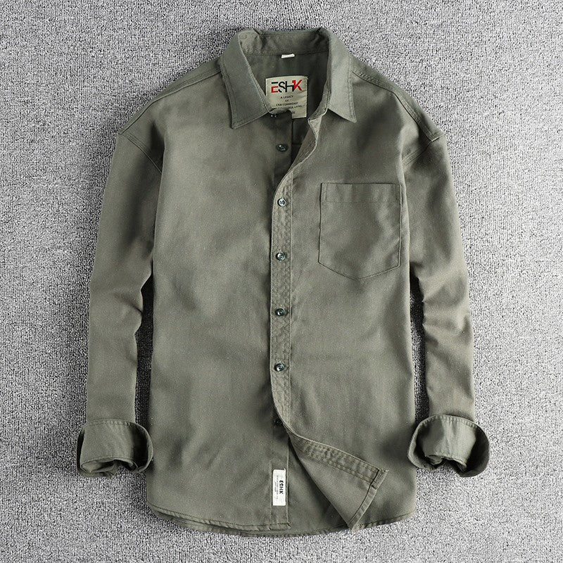 2025 Spring New Japanese Retro Long Sleeve Lapel Cotton and Linen Cargo Shirt Men's Simple Single Pocket Casual Loose Blouses