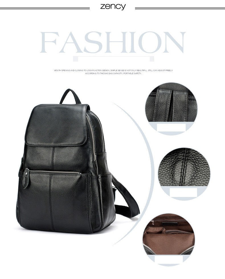 Zency Mochila Feminina Elegante Preta Branca Couro Genuíno Qualidade A++ Antifurto Grande Capacidade Mochila de Viagem Designer
