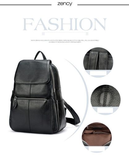 Zency Mochila Feminina Elegante Preta Branca Couro Genuíno Qualidade A++ Antifurto Grande Capacidade Mochila de Viagem Designer