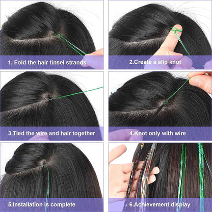 Hair Tinsel Kit With Tool 4200 strands Fairy Tinsel Hair Extensions 12 Color Sparkling Shiny Heat Resistant Highlights Glitter