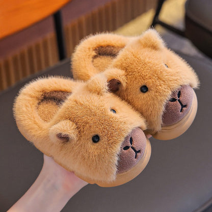 Capybara Children Slippers 2025 Winter New Cute Fluffy Cotton floor shoes woman Warm Indoor Cartoon Plush Floor Home Slippers