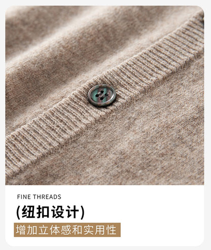 New Simple Button-Up Long Sleeve 100% Wool Cardigan Men's V-Neck Autumn Winter Versatile Commuter Sweater Knitted Jacket