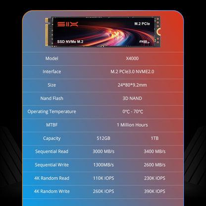 SIX X4000 3000MB/s M.2 PCIe 3.0 SSD 512GB, Unidade de Estado Sólido Interna, 260K IOPS, 300TBW, Armazenamento de Alta Velocidade para Desktop/Laptop