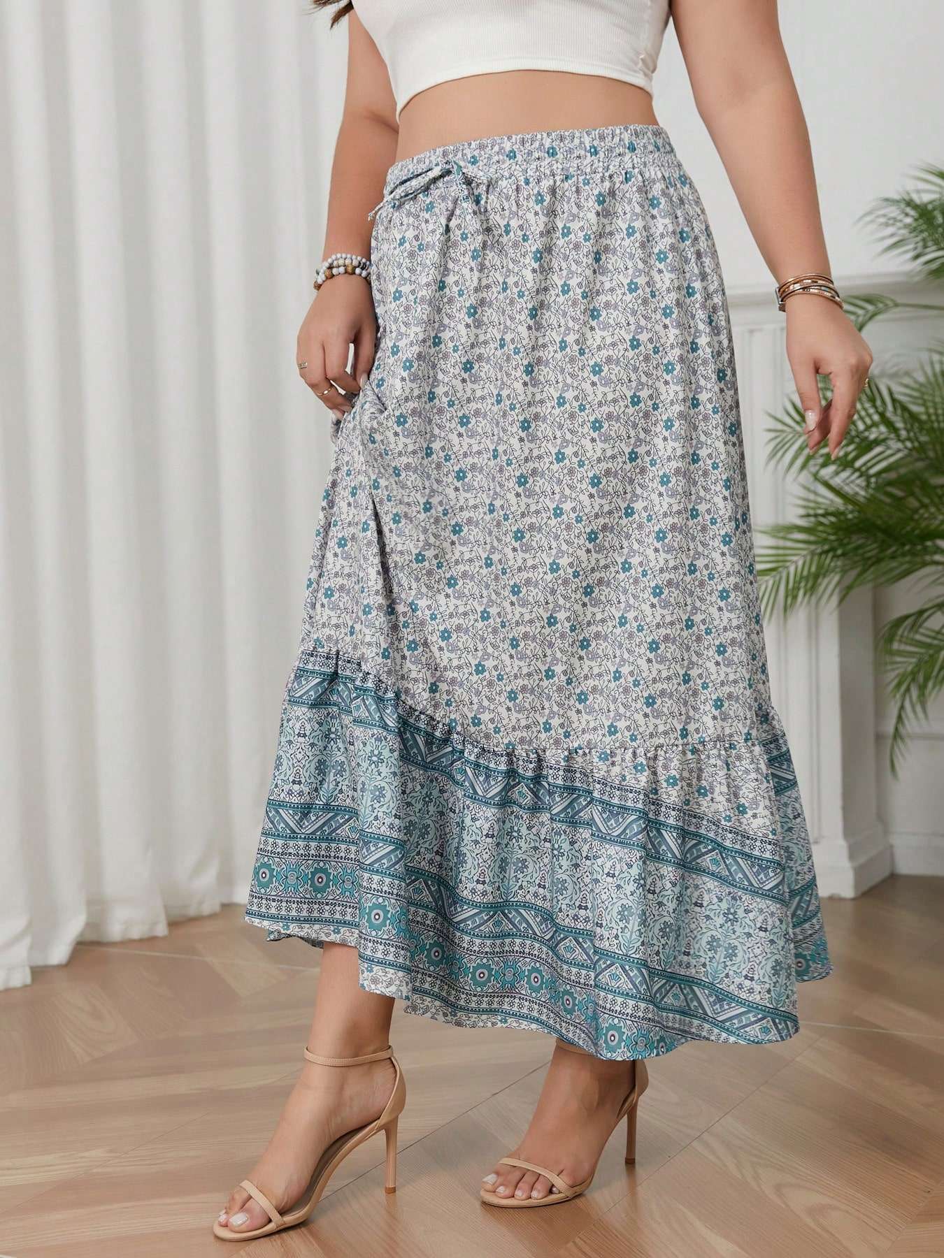 Plus size women's printed holiday style skirt spliced A-line skirt