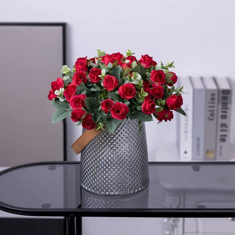 10 Heads pink Artificial Silk Rose Flowers Fake White Eucalyptus  Peony Flower Bouquet, for Home Wedding Party Garden Decoration