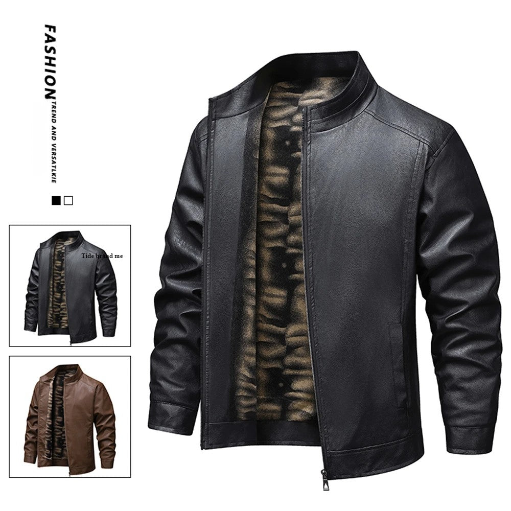 2025 New Men's autumn thin velvet leather jacket, warm and retro men's motorcycle jacket, outdoor casual PU leather jacket