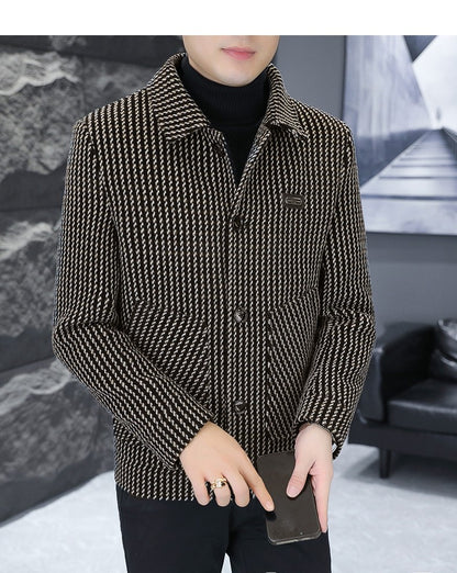 Korean Fashion Woolen Jacket for Men 2023 Winter Plaid Casual Business Trench Coat Slim Social Office Street Wear Short Overcoat