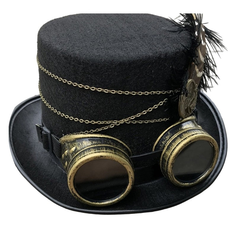 Steampunk Top Hat Wool Felt Victorian Hat with Goggles & Feather Unisex Costume Top Cap Gothic Hippies Cap Cosplay Props