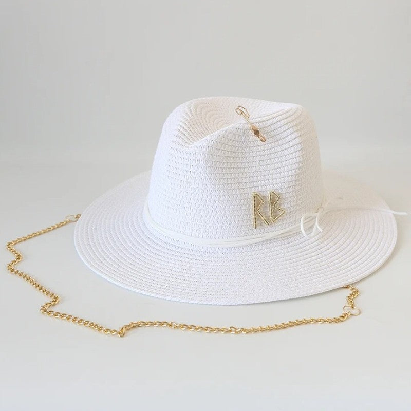 Chapéu de Sol de Verão Grande Proteção Solar Chapéus Femininos de Praia de Palha da Moda Chapéu Panamá de Grama de Luxo Feminino 60cm para Cabeça Grande