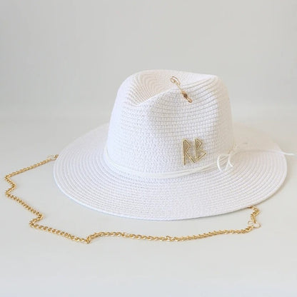 Chapéu de Sol de Verão Grande Proteção Solar Chapéus Femininos de Praia de Palha da Moda Chapéu Panamá de Grama de Luxo Feminino 60cm para Cabeça Grande