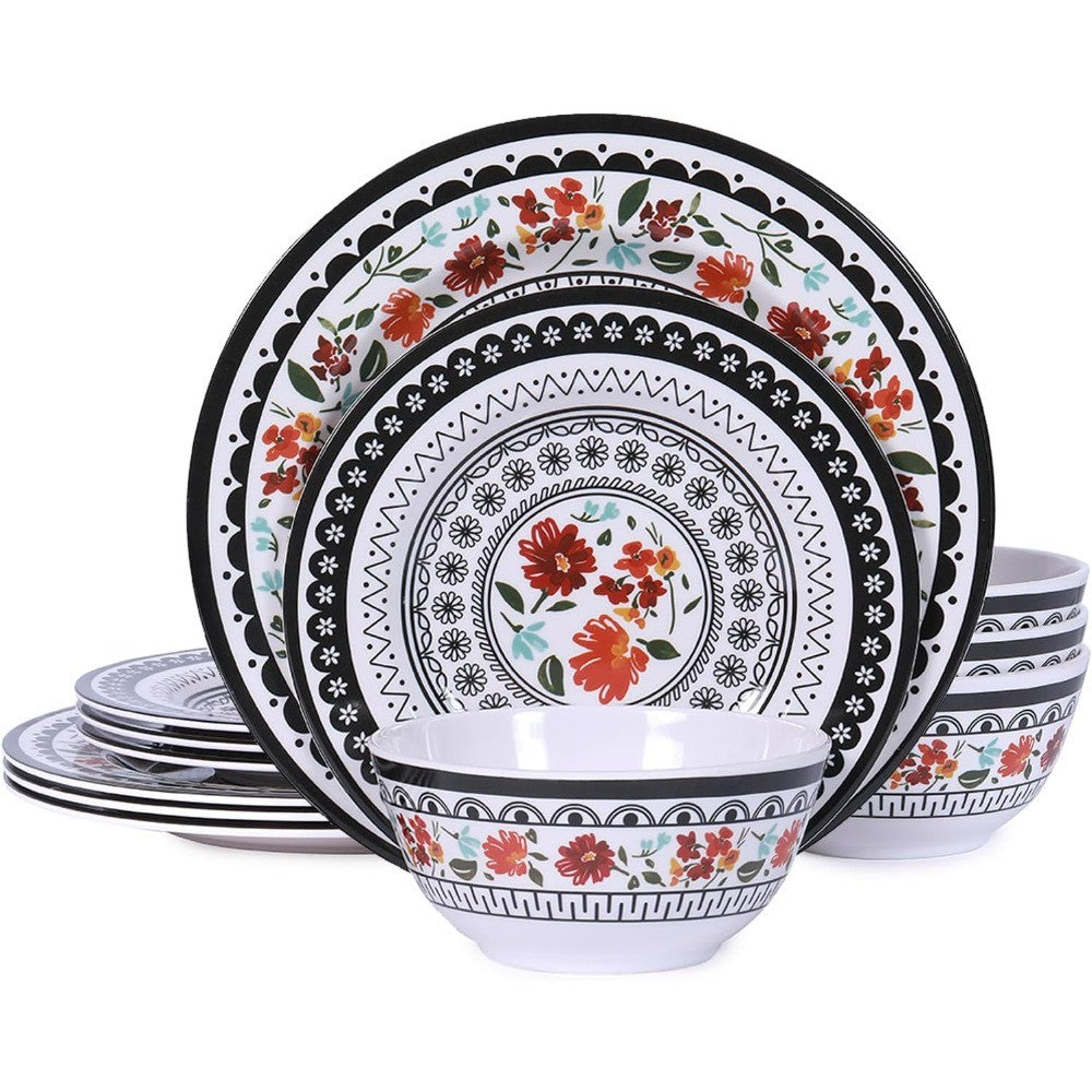 Durable 12-Piece Melamine Dinnerware Set, Ideal for Indoor and Outdoor Dining, Dishwasher Safe, Lightweight Dinnerware