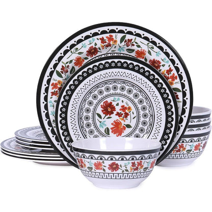 Durable 12-Piece Melamine Dinnerware Set, Ideal for Indoor and Outdoor Dining, Dishwasher Safe, Lightweight Dinnerware