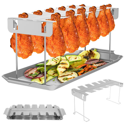 Chicken Leg Rack for Grill Barbecue Cooking Rack Stainless Steel Chicken Wing Rack with Drip Tray Folding BBQ Drumstick Stand
