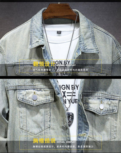 Men's casual denim jacket for spring and fall, metallic single-breasted denim jacket size M-5XL