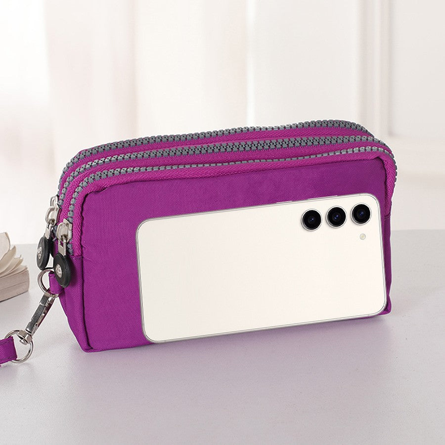 Daily multi-functional ladies handbag three-layer zipper large capacity mobile phone bag pure color coin purse key storage bag