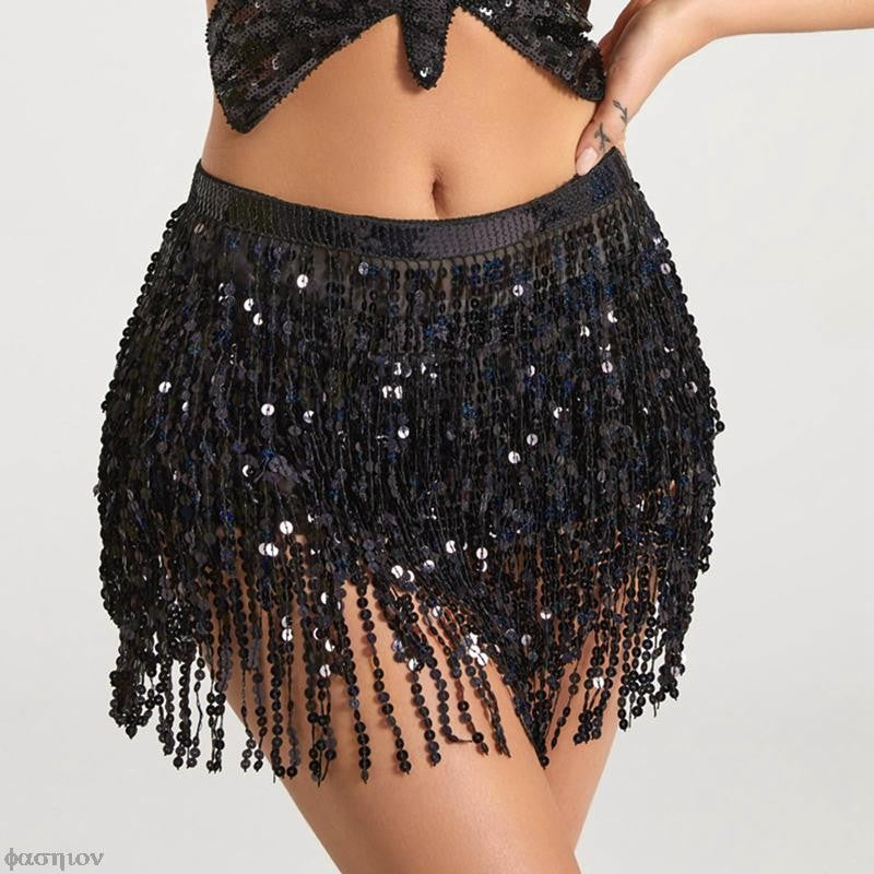 Sexy Women Belly Dance Hip Tutu Skirt Scarf Wrap Belt Glitter Sequins Tassel Hipscarf Skirt Sundress Costume Fringe Skirt Outfit