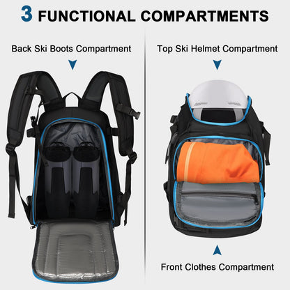Large Capacity Ski Boot Bag for Men Women 50L Ski Travel Backpack Waterproof Skiing Boot Backpack for Snowboard Gear Accessories