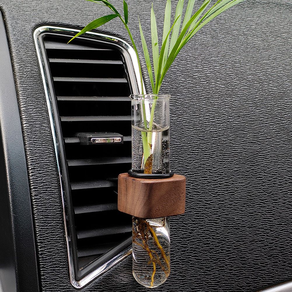 Stable Mini Car Flower Vase Clip Elegant Adjustable Car Vent Flower Vase Walnut and Glass Creative Car Vent Decor Dashboard