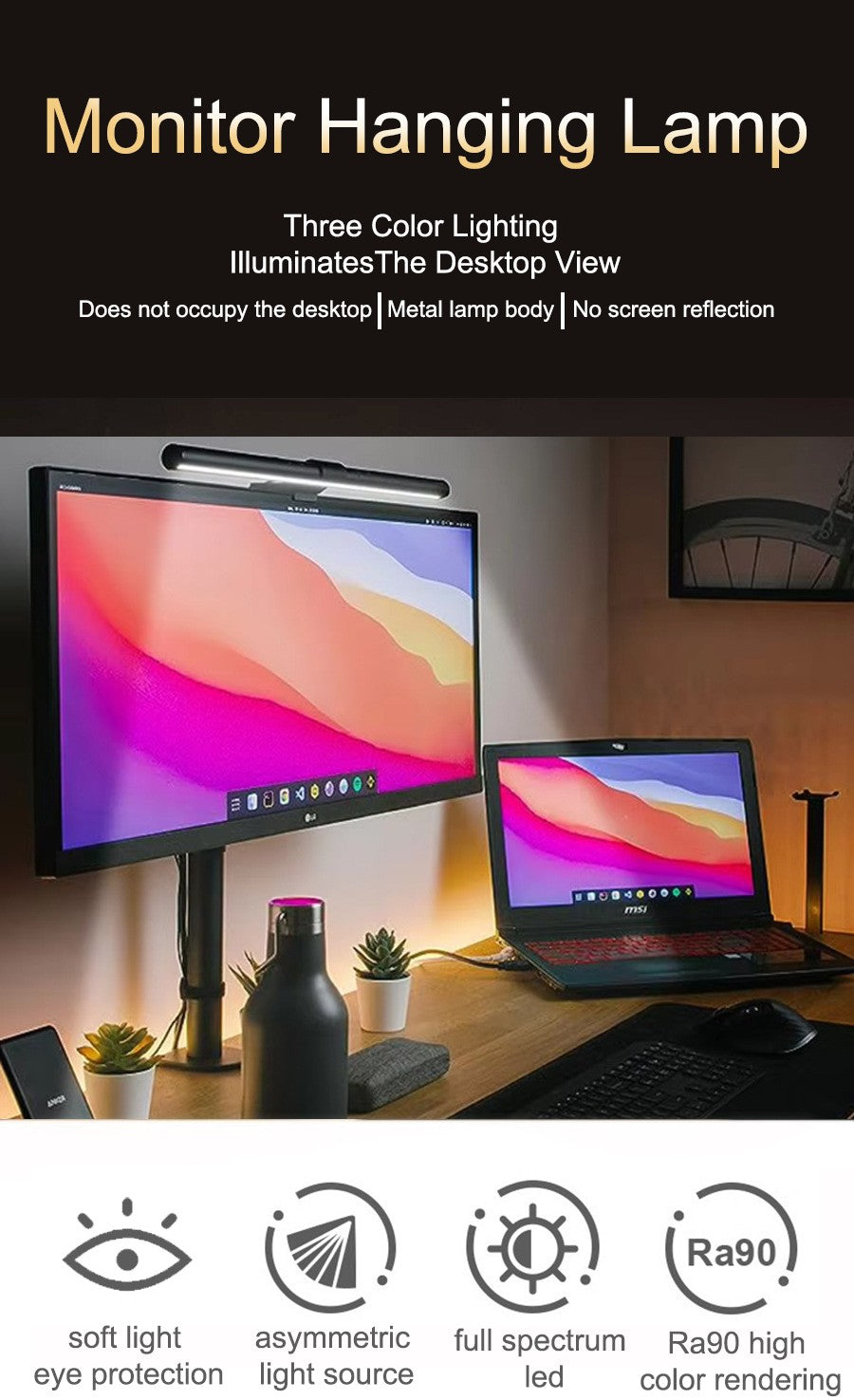LED Screen Hanging Light for Desk  Eye Protection Computer Monitor Light Strip with Stepless Dimming Suitable for Gaming