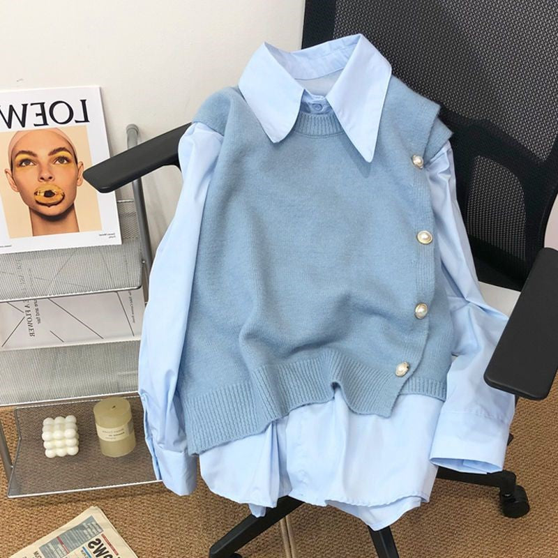 Japanese Women's Knitted Vest Shirt Two-Piece Set 2025 Spring Autumn Casual Side Buckle Vest Matching Long Sleeve Blouse