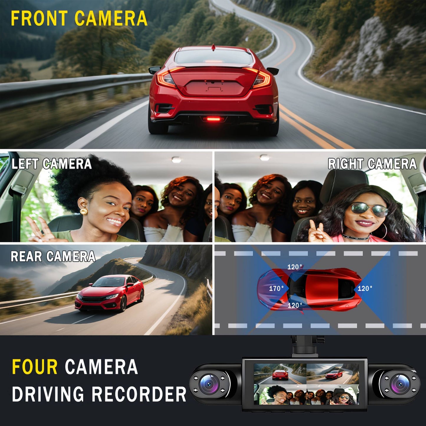 4 Channel Dash Cam 360° Car Video Recorder Black Box with Night Vision 24/7 Parking Monitor G-Sensor Loop Recording auto parts