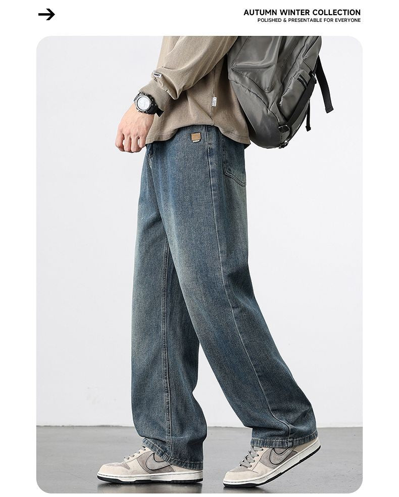 Calça Jeans Masculina Reta Vintage de Primavera Outono Calça Casual de Alta Qualidade Masculina Coreana Moderna Folgada de Perna Larga