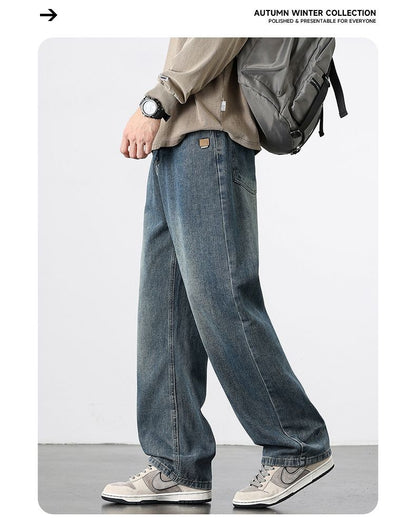 Calça Jeans Masculina Reta Vintage de Primavera Outono Calça Casual de Alta Qualidade Masculina Coreana Moderna Folgada de Perna Larga