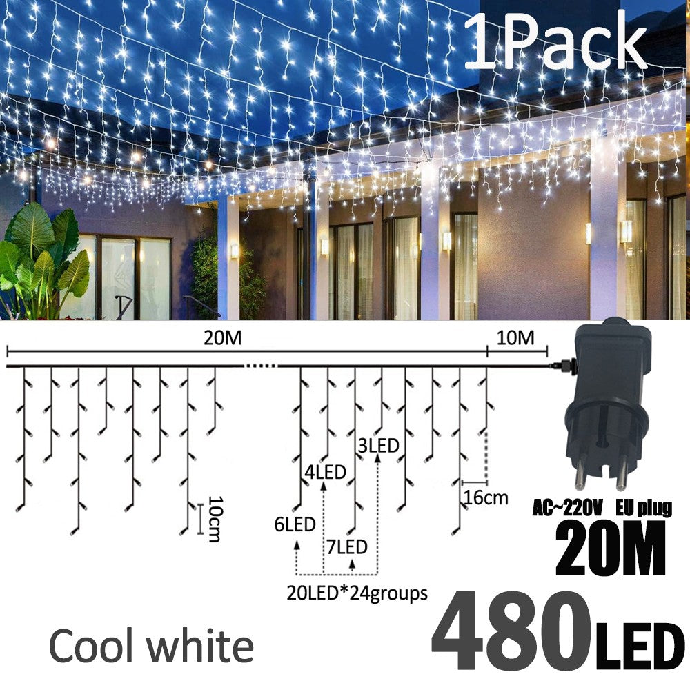 LED Christmas Icicle Curtain String Lights 20M+10M 480LED Extens 8Modes, Plug in Waterproof for Wedding Party Home Garden