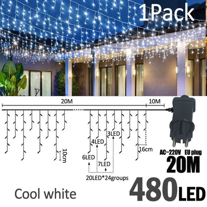 LED Christmas Icicle Curtain String Lights 20M+10M 480LED Extens 8Modes, Plug in Waterproof for Wedding Party Home Garden