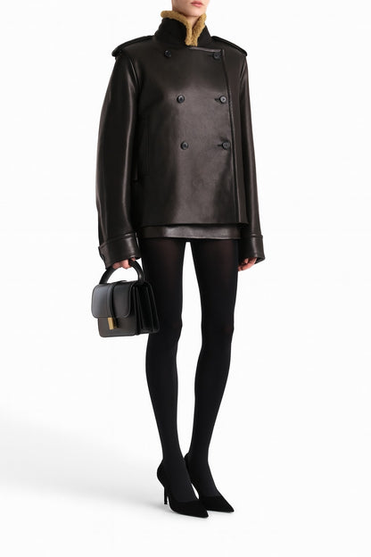 The 2026 new women's leather jacket with a long black collar and lambskin design is of high quality