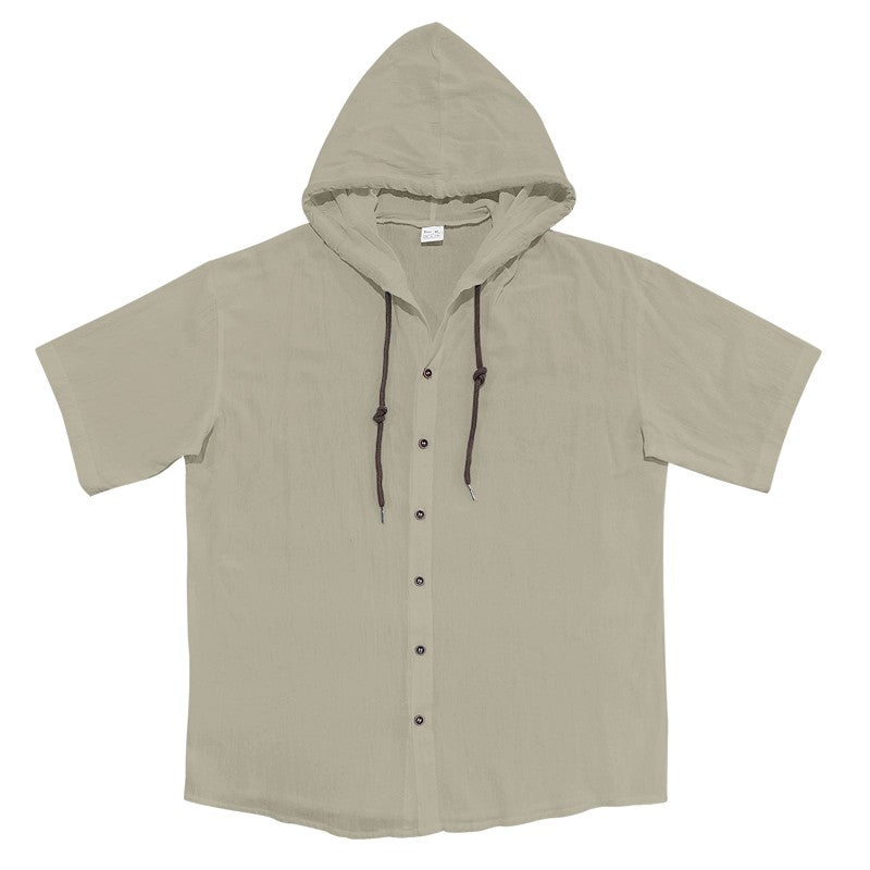 Summer cotton linen men's short sleeved shirt in US size solid color hooded casual T-shirt plus size men's clothing