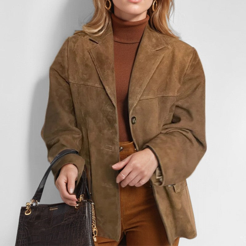 2024 Autumn Winter Woomen Suede Jacket With Lapel Woman Casual Single Breasted Pocket Long Sleeve Short Coat Street Overcoat