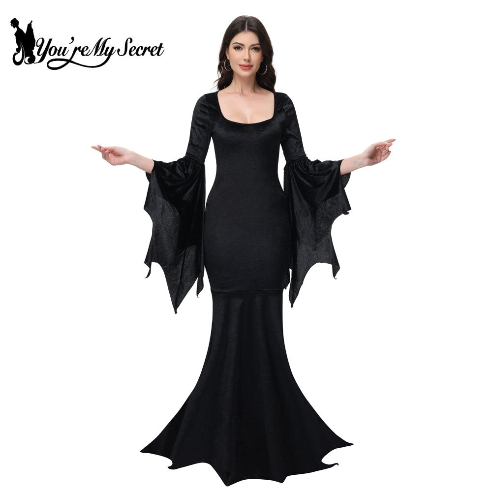 [You're My Secret] Halloween Morticia Adams Primate Black Adams Family Dress Retro Gothic Flared Sleeve Fishtail Dress Vestido