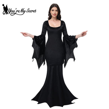 [You're My Secret] Halloween Morticia Adams Primate Black Adams Family Dress Retro Gothic Flared Sleeve Fishtail Dress Vestido