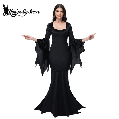 [You're My Secret] Halloween Morticia Adams Primate Black Adams Family Dress Retro Gothic Flared Sleeve Fishtail Dress Vestido