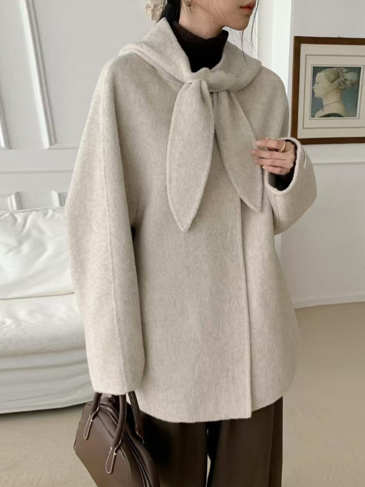 Korean Sle Woolen Coat Women's Chic Temperament Sweet Bow Tie Collar Hooded Warm Woolen Coat Long Sve Mid-Length
