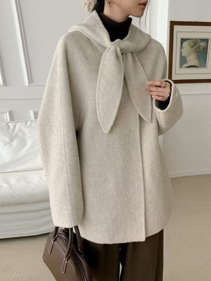 Korean Sle Woolen Coat Women's Chic Temperament Sweet Bow Tie Collar Hooded Warm Woolen Coat Long Sve Mid-Length
