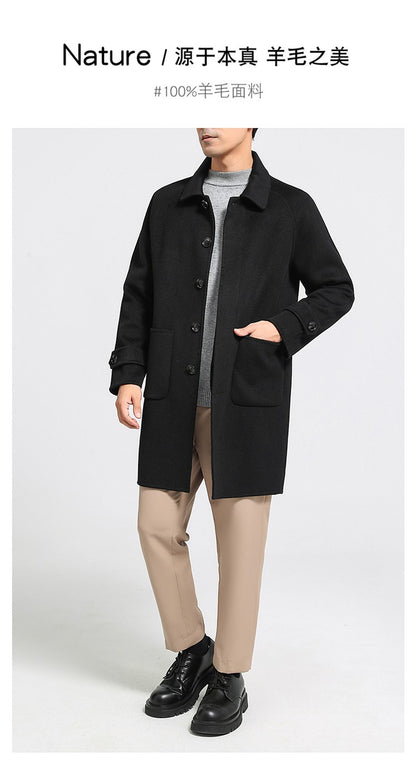 Mid-Length Single-Breasted Polo Collar Men's Overcoat Double-Sided Woolen 100% Pure Wool High-End Coat Fashion Men's Clothing