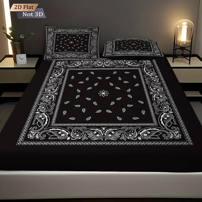 3pcs Retro Black Wave Pattern Print Coreless Bed Sheet Set Multiple Sizes Soft Bedcover Bedroom Bedding Decoration