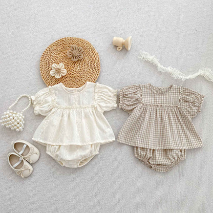 Girls Summer Fashion Set Children's Embroidered Grid Puff Sleeve Top+Shorts Two Piece Cute Baby Girls Clothes Set Baby Clothes