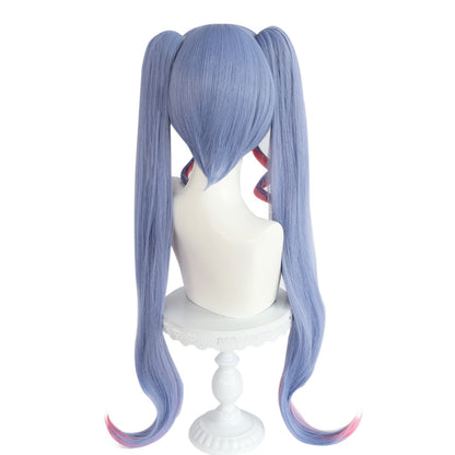 Peruca Lolita com duas marias-chiquinhas em degradê azul e rosa, cabelo longo com franja desfiada, fibra sintética para cosplay de anime