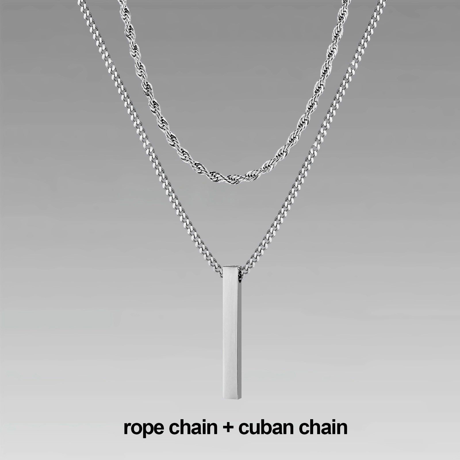 Vnox 3D Vertical Bar Necklaces for Men, Layering Stainless Steel Geometric Pendant, Layered Wheat Rope Cuban Chain, Boy Collar