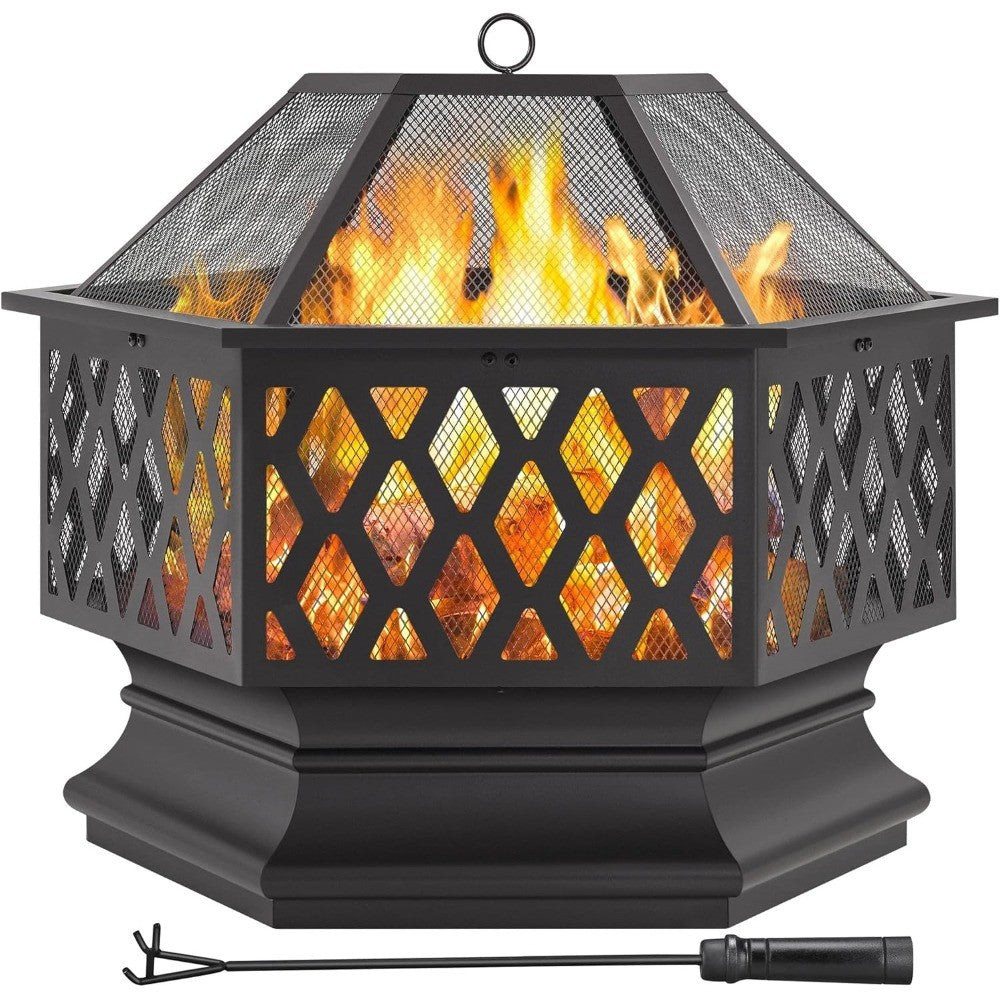 Hex Shaped Fire Bowl - Large Wood Burning Outdoor Fire Pit with Spark Screen & Poker for Bonfire, Picnic,