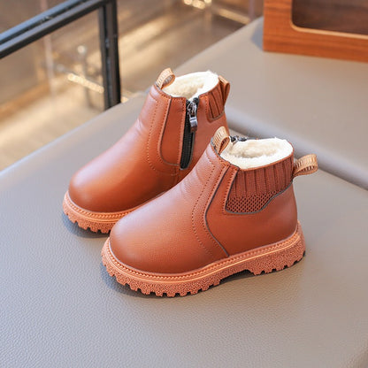 21-30 Kids Ankle Boots for Little Boys Girls Thermal Snow Boots Fashion PU Leather Children Short Rubber Boots with Thick Plush