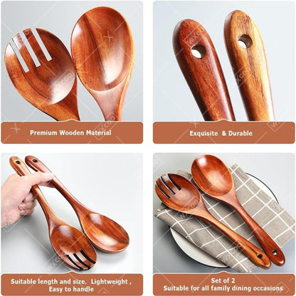 2pcs Salad Spoons 10-inch Durable Acacia Wood Cutlery Set Salad Mixer Fork And Spoon Salad Servers Spcoons Cooking Utensils
