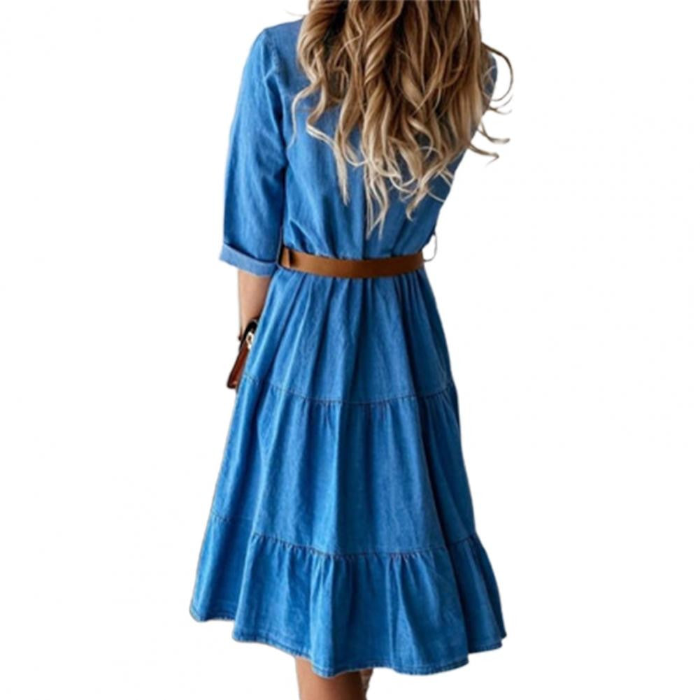 Denim Dress Three Quarter Sleeve with Belt Turn-down Collar Spring Autumn Buttons Ruffle Jeans Dresses for women 2025